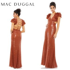 MAC DUGGAL Ruffle Shoulder Sequin Embellished Gown